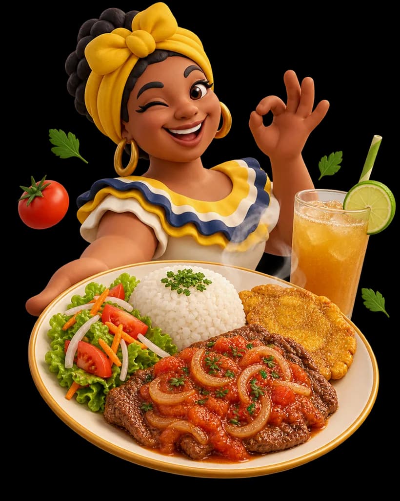 Ilustración de una cocinera costeña con blusa de volantes azul, amarillo y blanco sirviendo un almuerzo